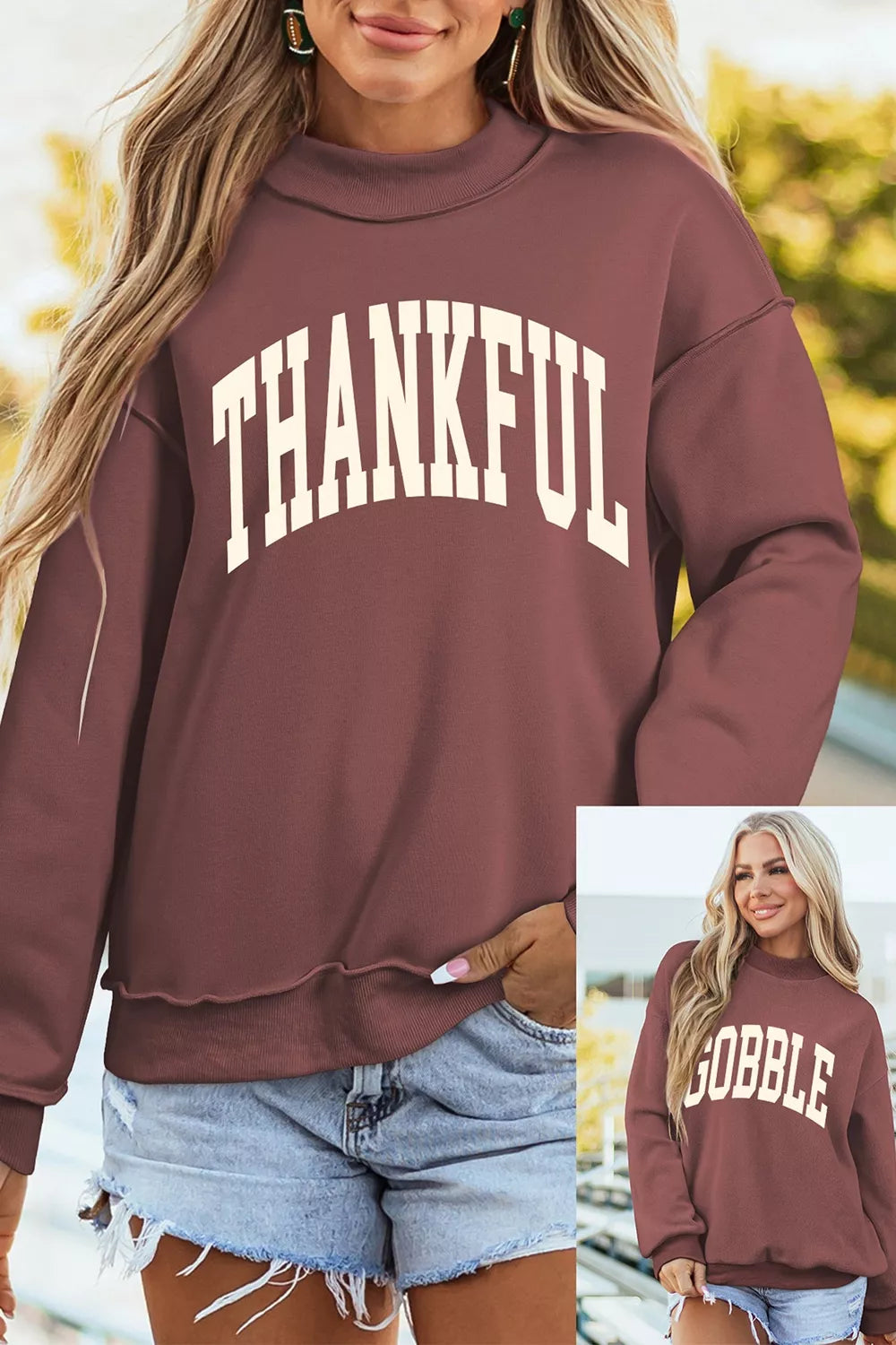 Brown thanksgiving high neck graphic sweatshirt