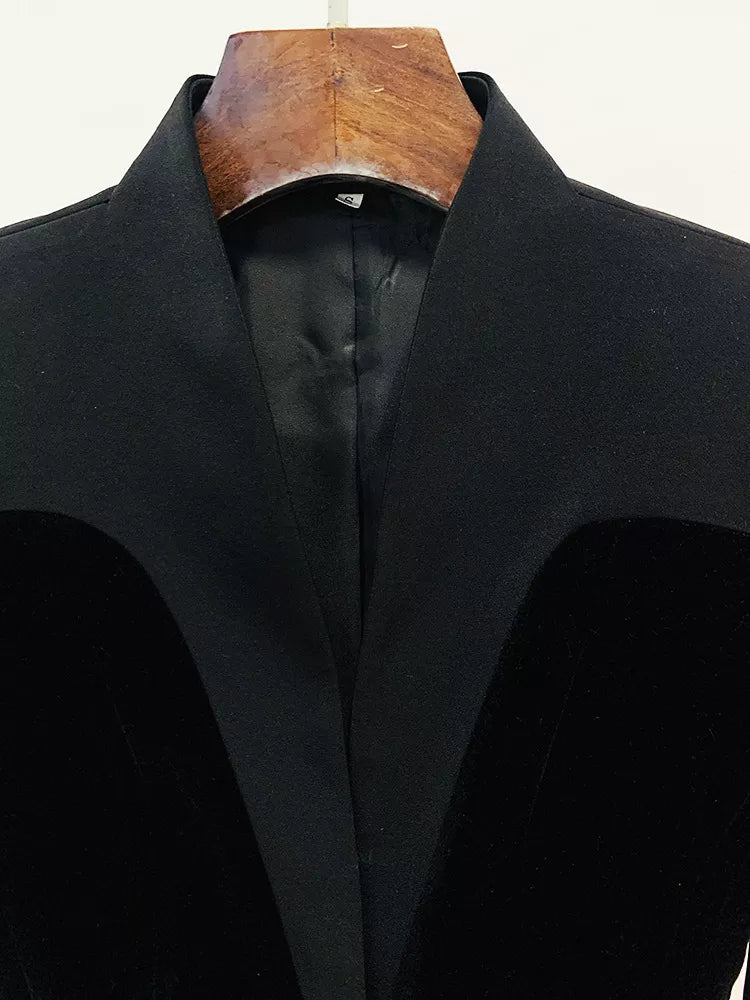 Black velvet-paneled blazer with stand-up collar, stand collar, open front, and lining