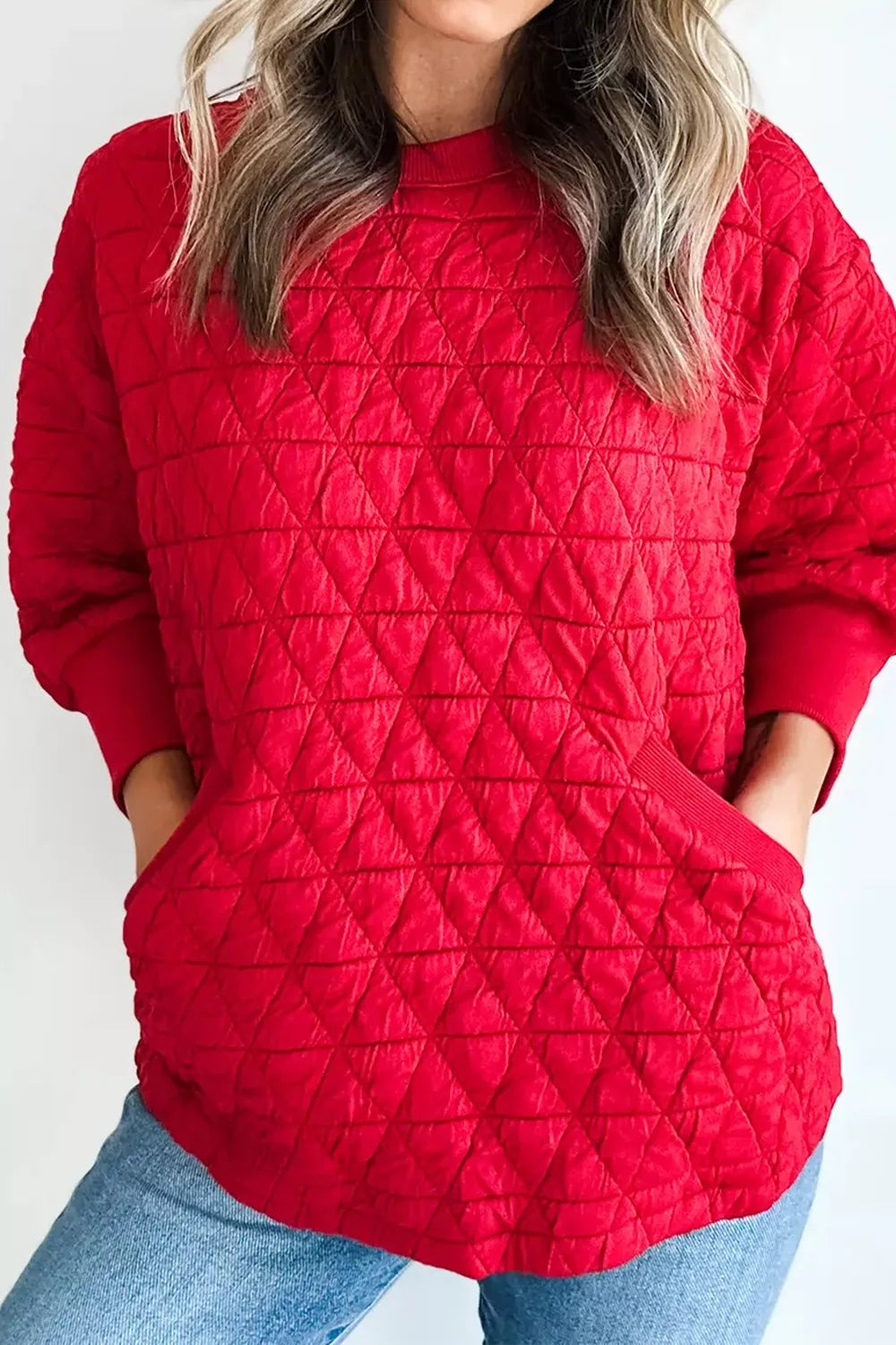 Quilted Pocket Sweatshirt in deep red, front view