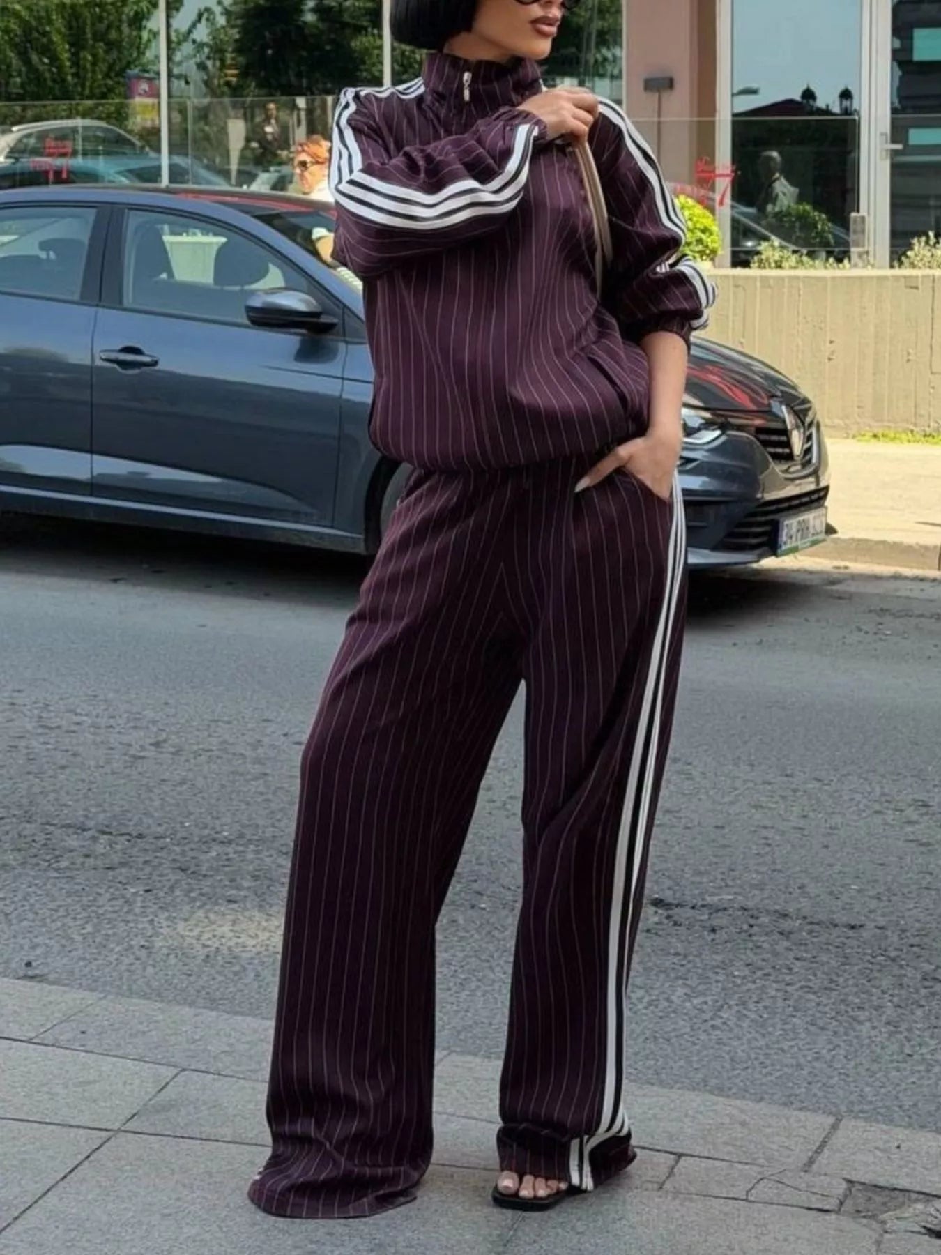 Trendsi Side Stripe Zip Up Jacket and Pants Set -