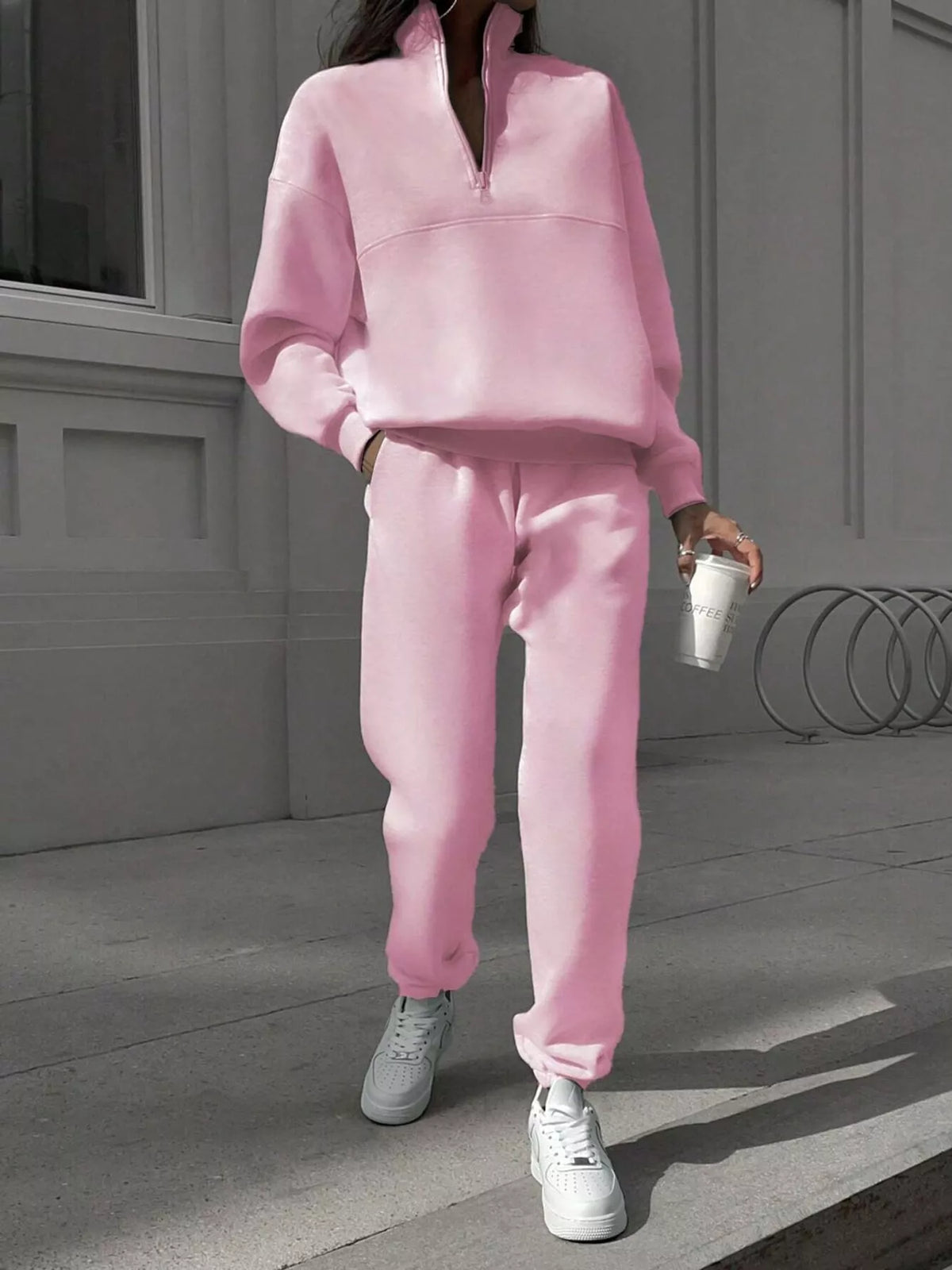 Half-zip top and pants set, pink full front