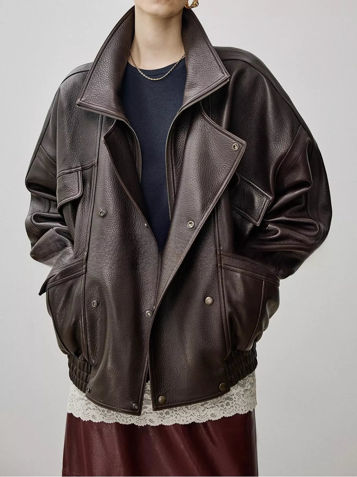 Snap Down Leather Jacket in dark brown, front view