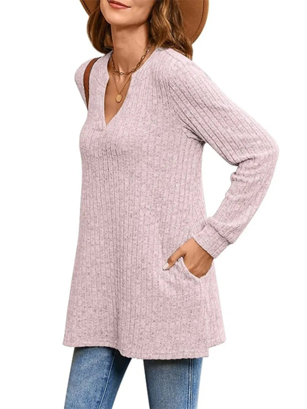 Trendsi Ribbed Notched Long Sleeve T-Shirt -