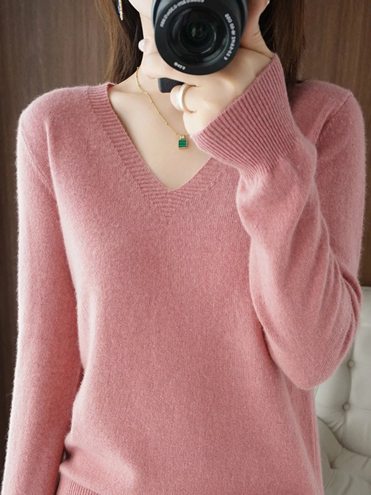 V-Neck Knit Sweater, detail view in pink