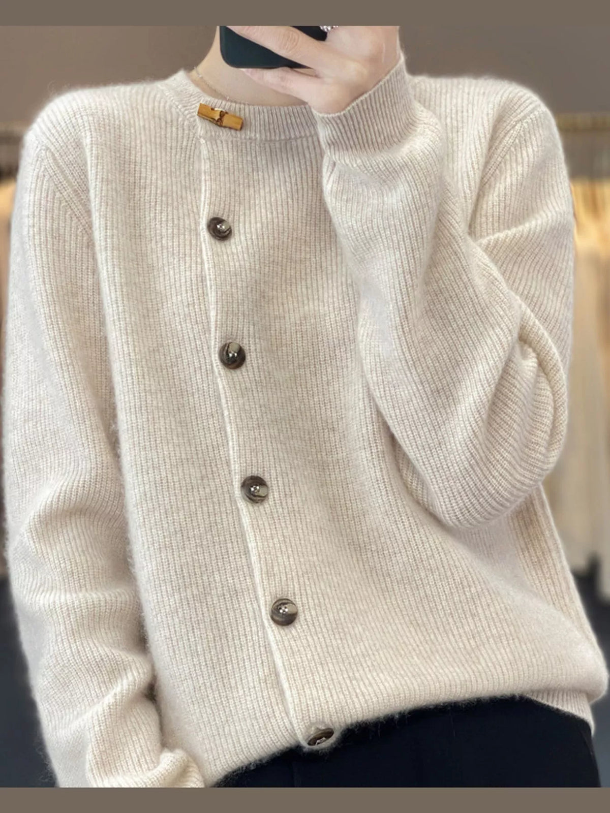 Pearl Barley ribbed knit asymmetrical button cardigan