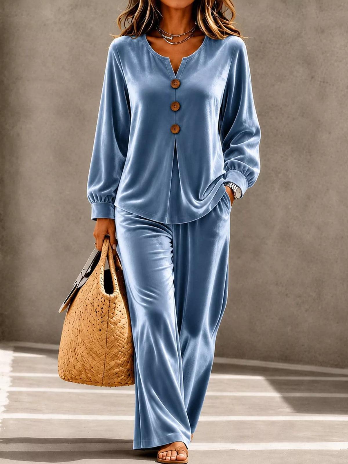 Blue decorative button top and pants set — front view