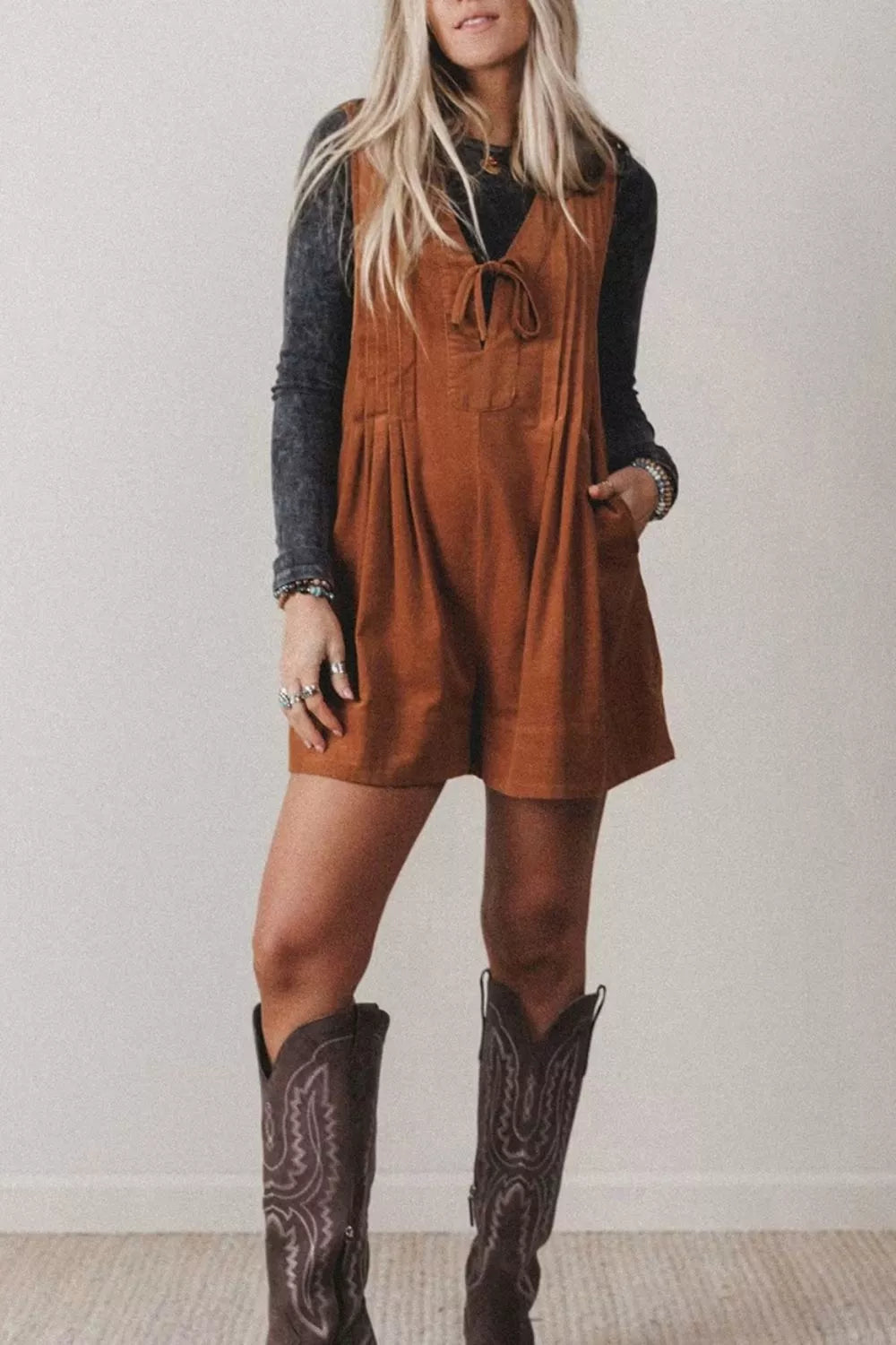 Rust brown corduroy romper, front view