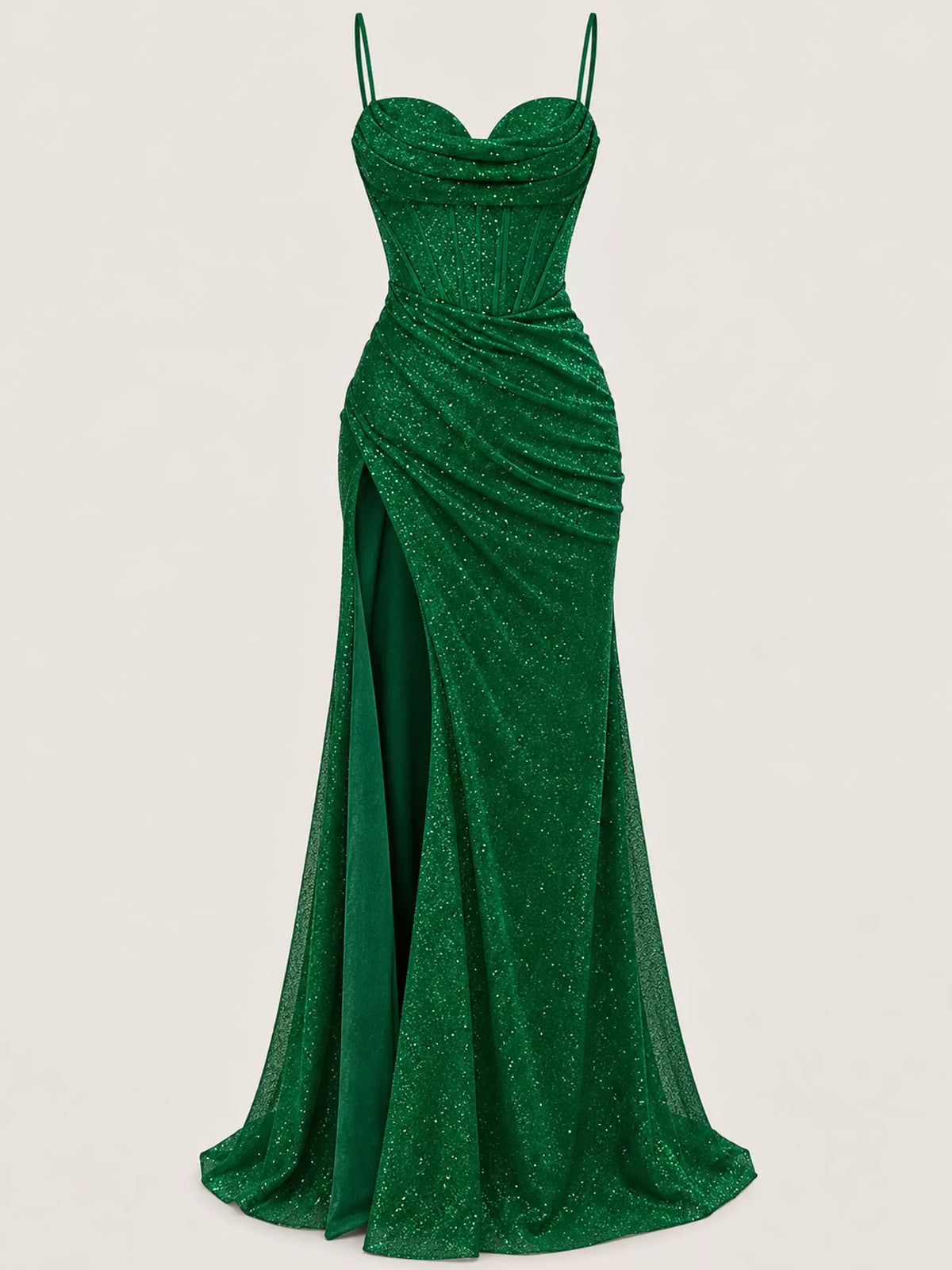 Green high-slit glitter maxi evening dress — front view