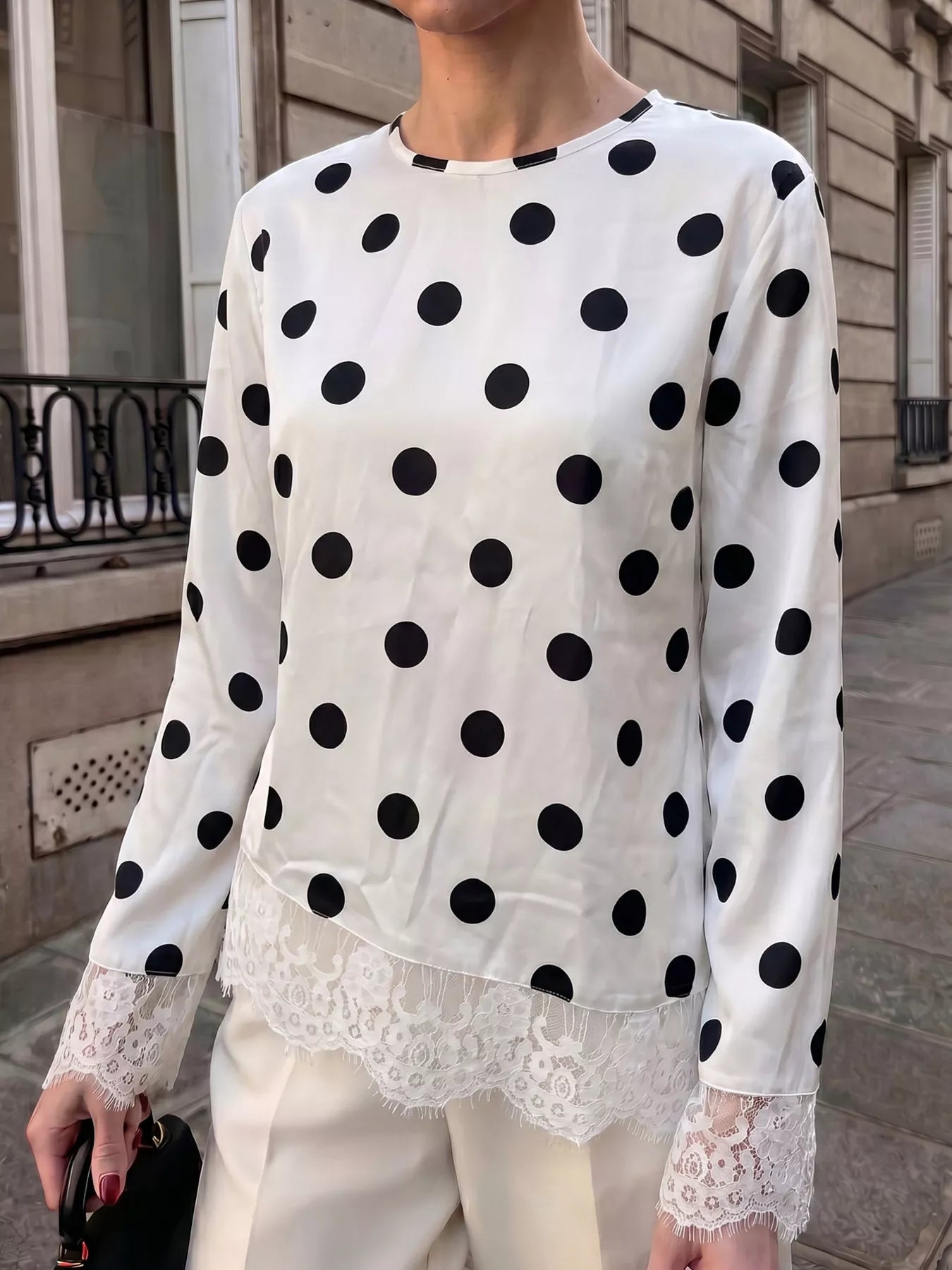 Trendsi Polka Dot Satin Top with Lace Trim -