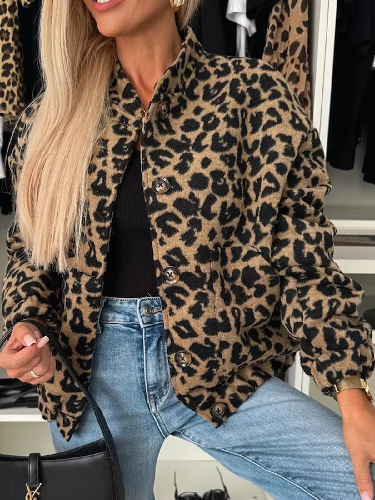 Women's Leopard Print Button-Down Jacket in tan leopard — front view