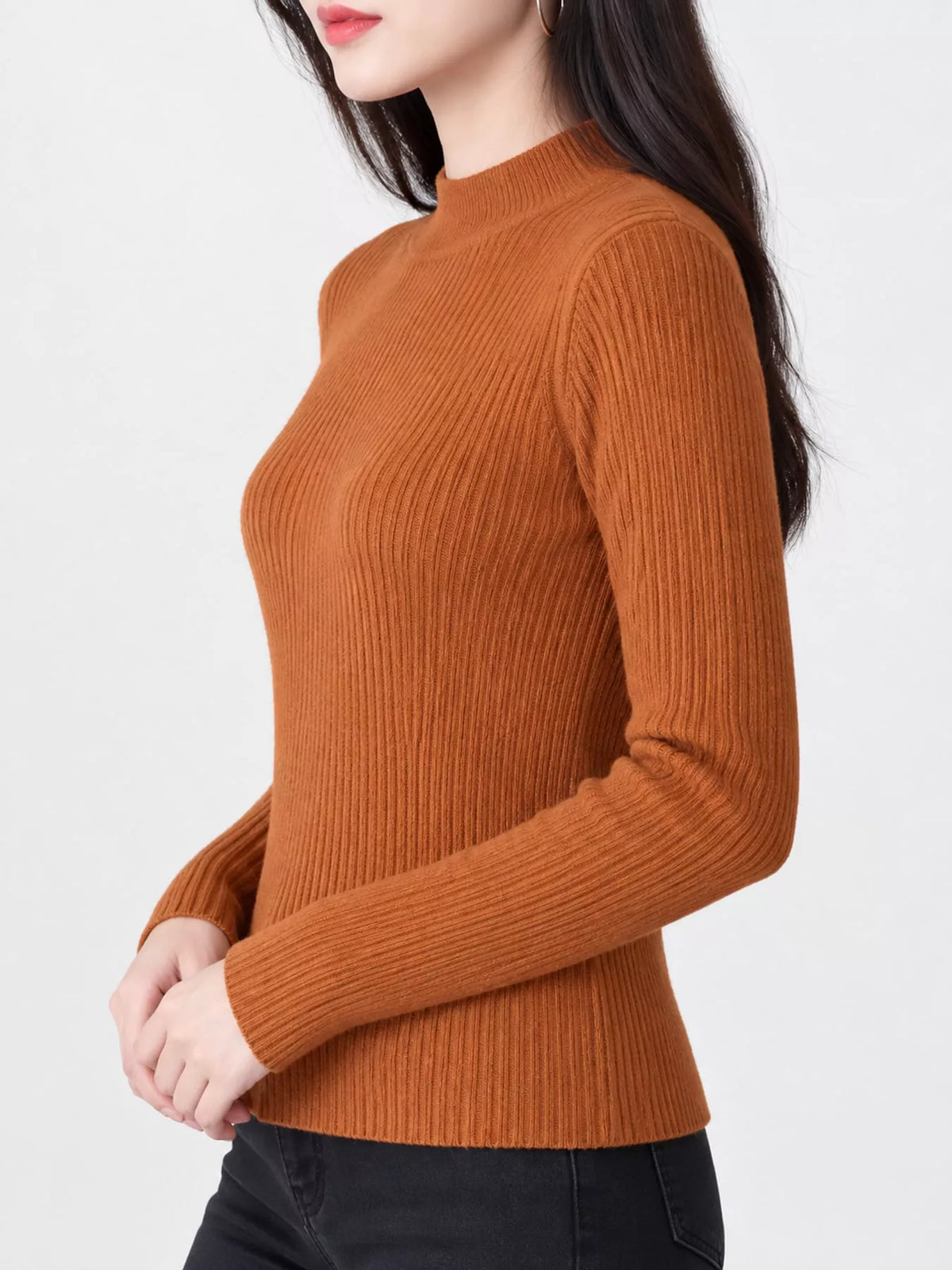 Rust ribbed mock neck long sleeve knit top
