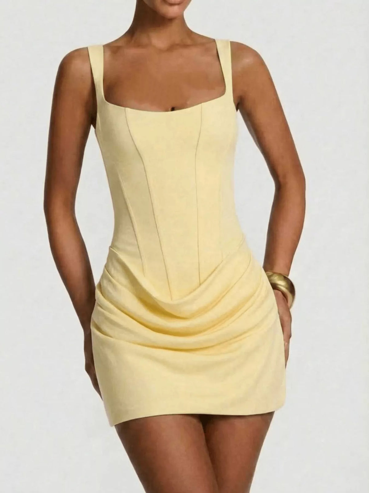Light Yellow corset-style mini dress with ruched detail
