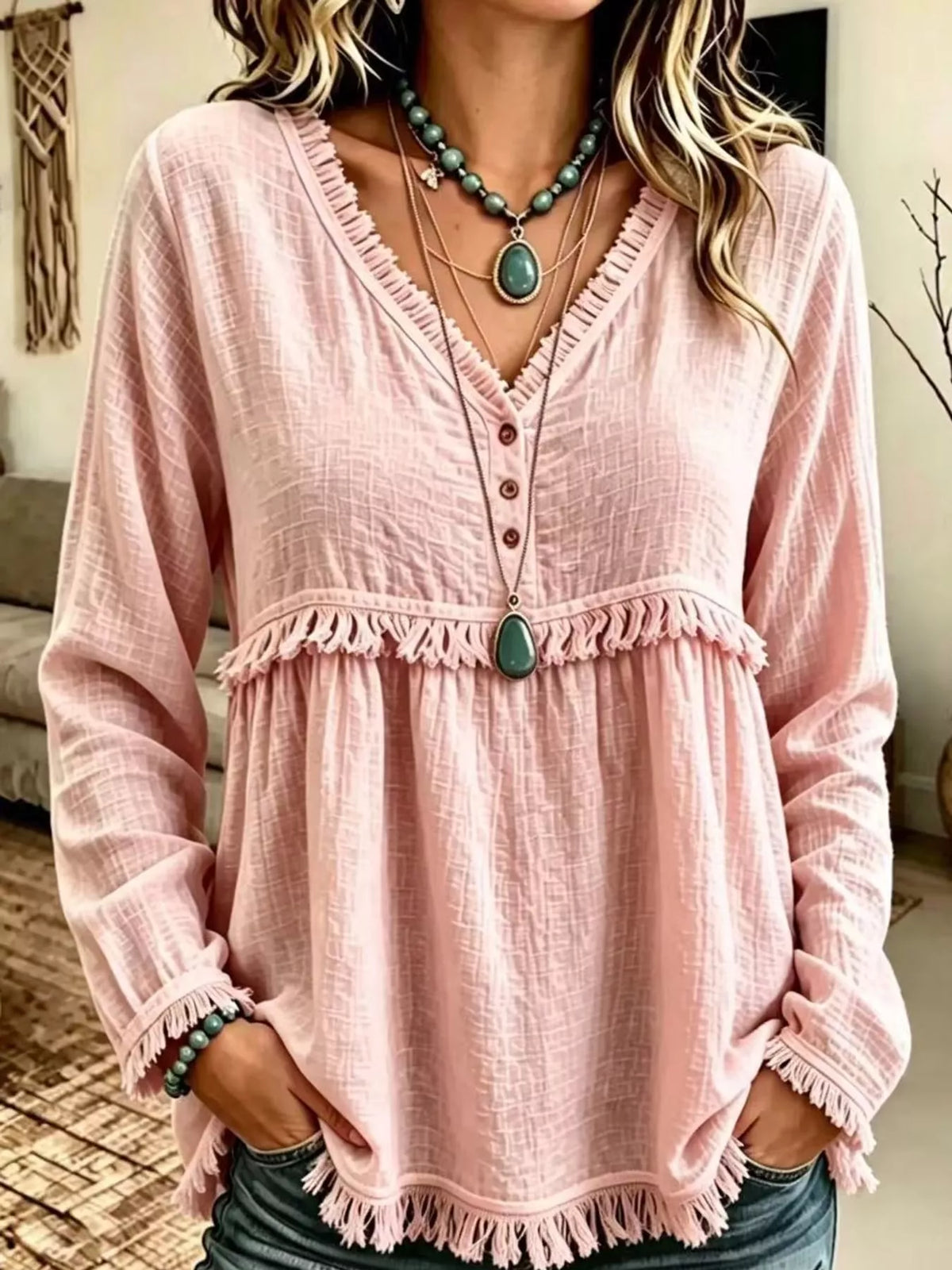 Fringe-trim blouse, blush front