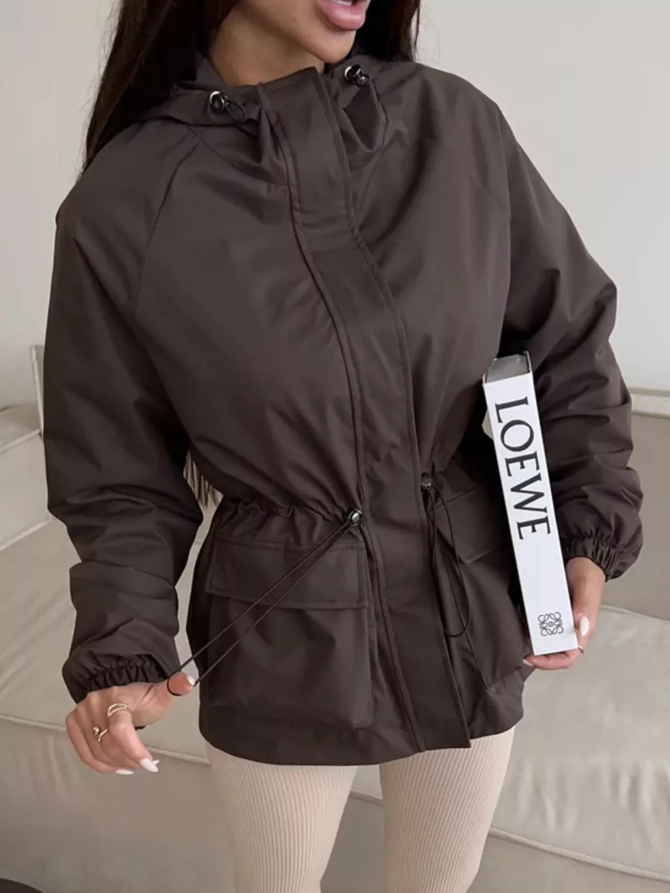 Trendsi Drawstring Waist Hooded Windbreaker Outerwear -