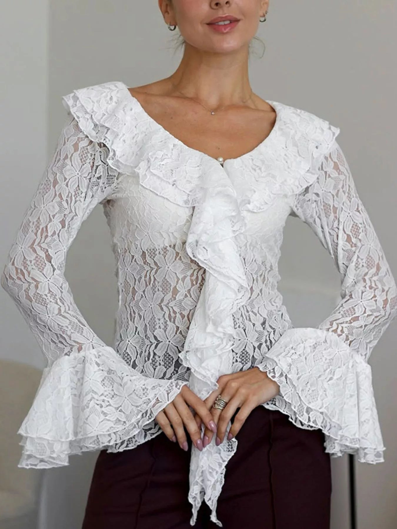 Trendsi Lace V-Neck Flare Sleeve Blouse -
