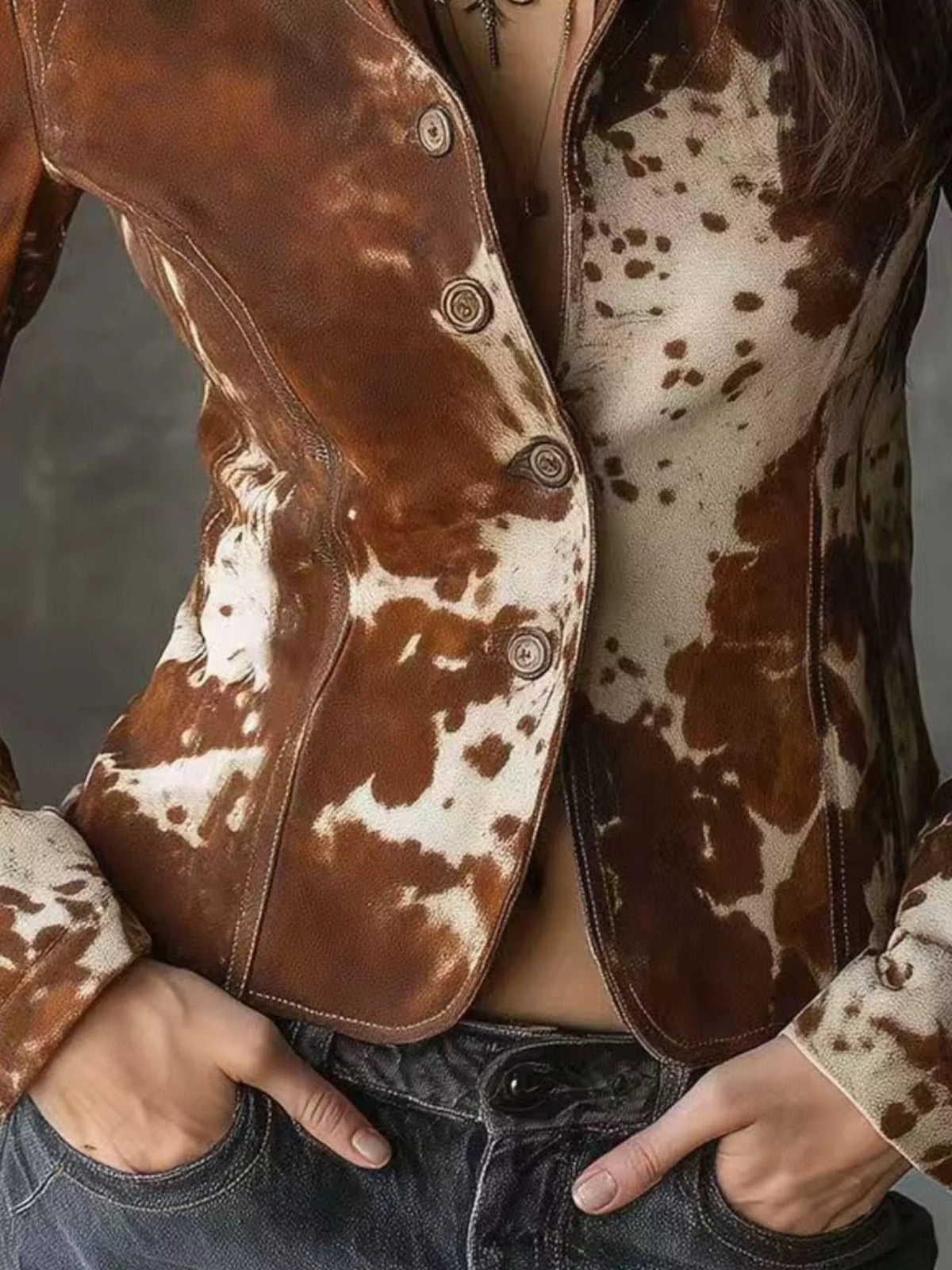 Brown Cow Print Button-Up Jacket back view