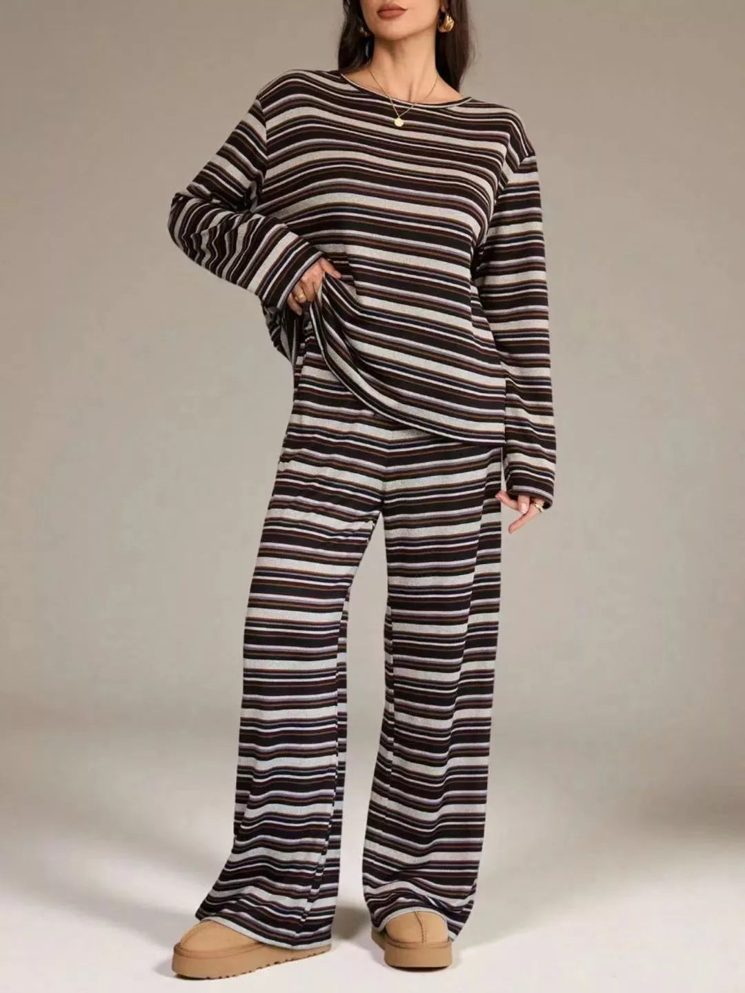 Trendsi Striped Long-Sleeve Top and Wide-Leg Pants Set -
