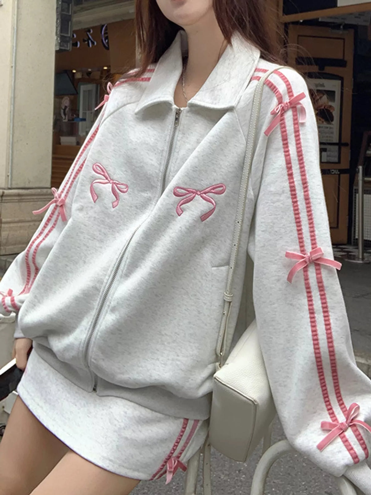 White Gray bow embroidered zip-up sweatshirt