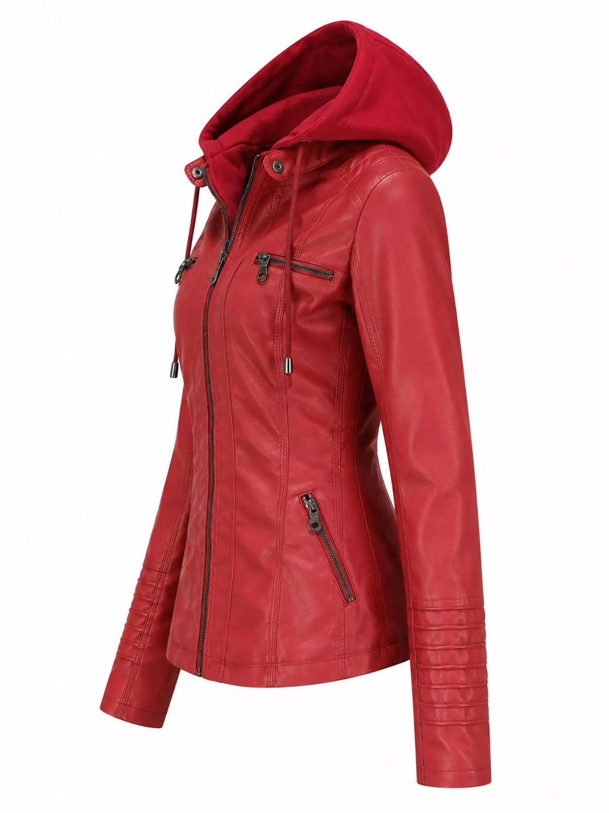 Hooded faux-leather jacket, red side