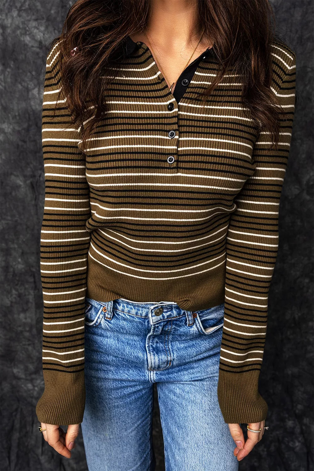 Women's striped ribbed-knit button-collar sweater
