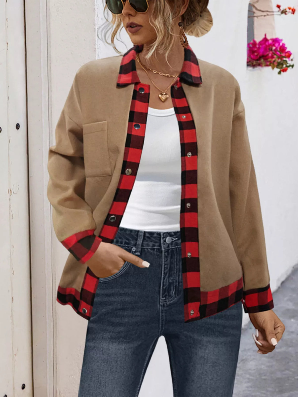 Tan plaid-trim overshirt, open front on model