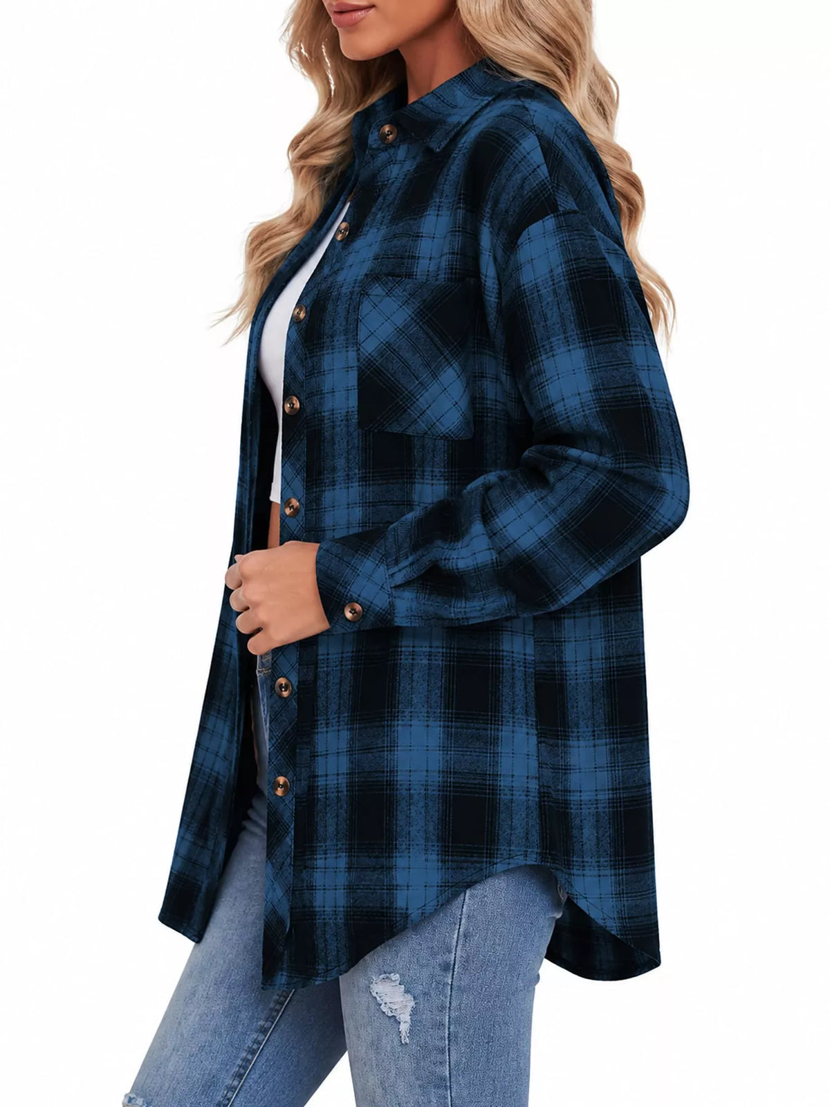 Oversized plaid shirt, blue plaid side