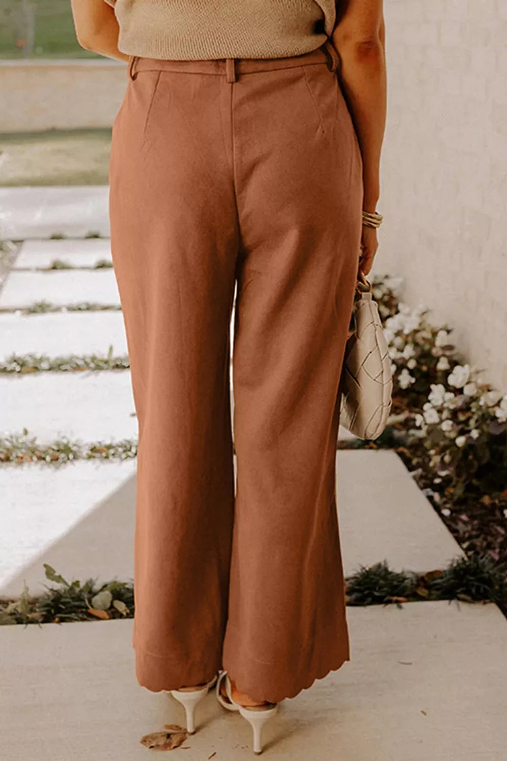 Brown scalloped-pocket wide-leg pants, front view