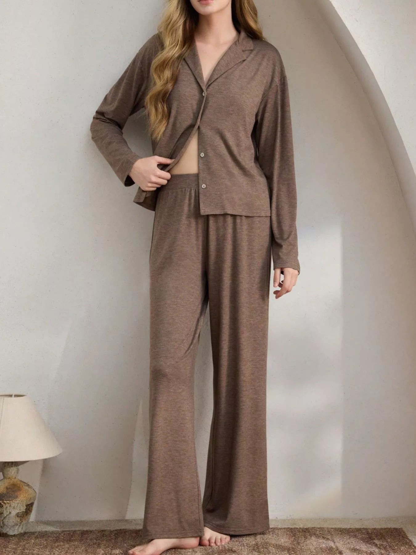 Trendsi Button-Down Top and Wide-Leg Pants Lounge Set -