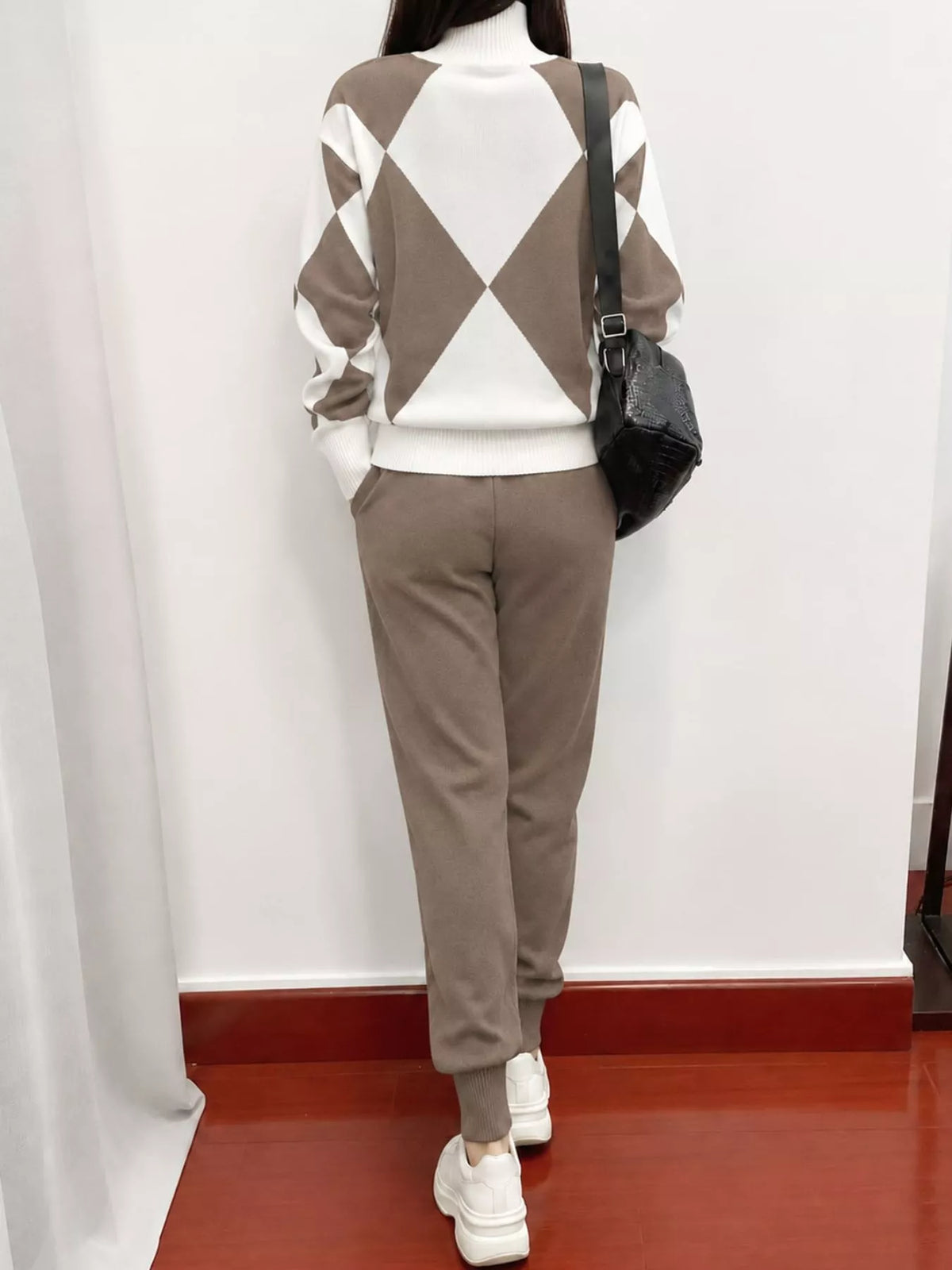 Argyle Pattern Mock Neck Sweater and Jogger Set — front view
