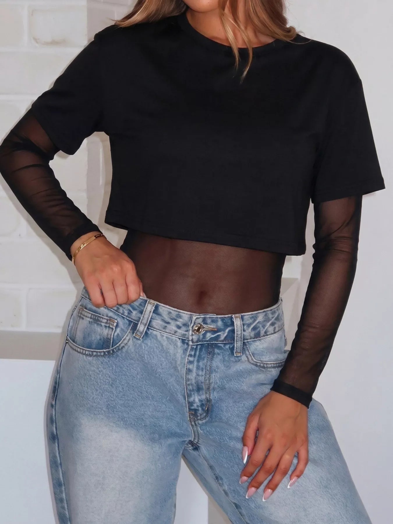 Trendsi Sheer Mesh Long Sleeve Bodysuit -