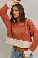 Trendsi SO ME Chenille Cable Knit V Neck Contrast Cropped Sweater -