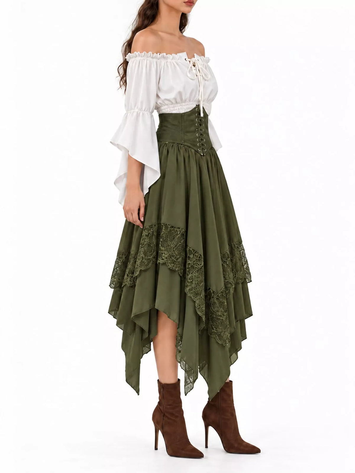 Green skirt and white top off-shoulder top, waist band and skirt set — side view