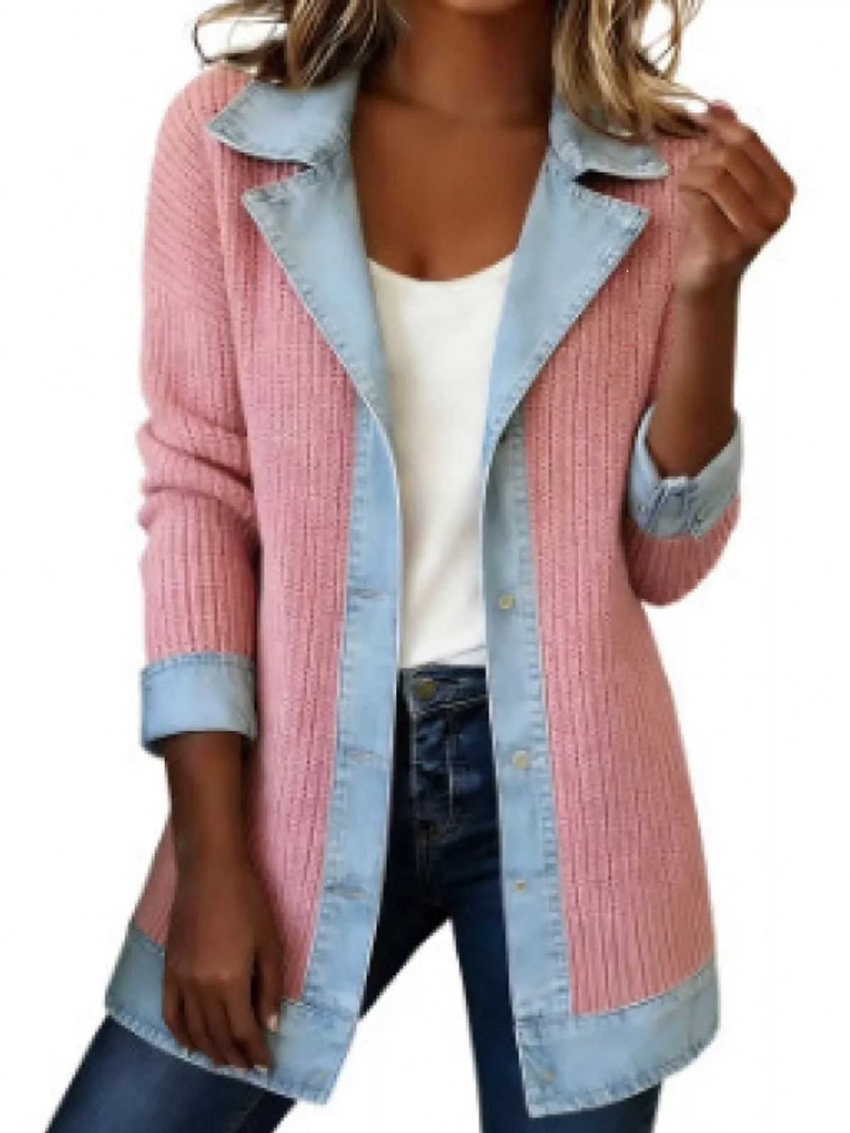 Pink denim trim ribbed knit cardigan
