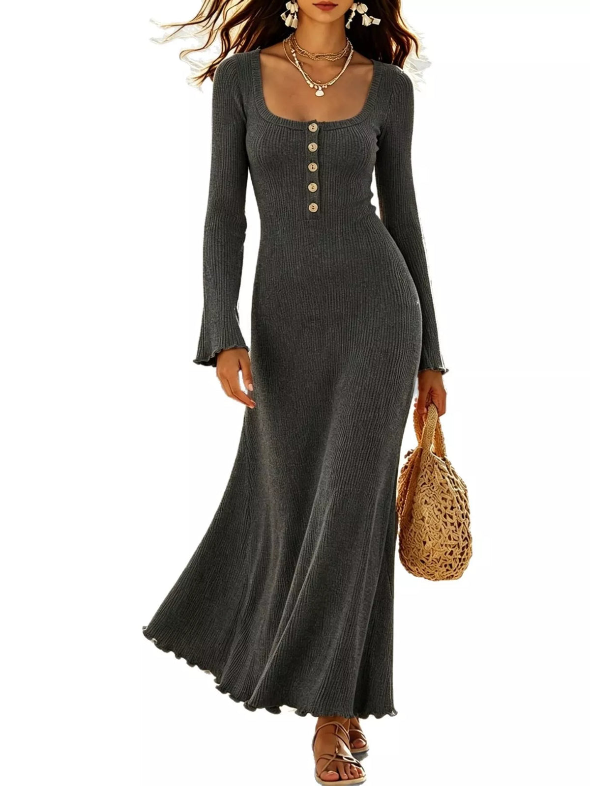 Ribbed maxi dress, gray front