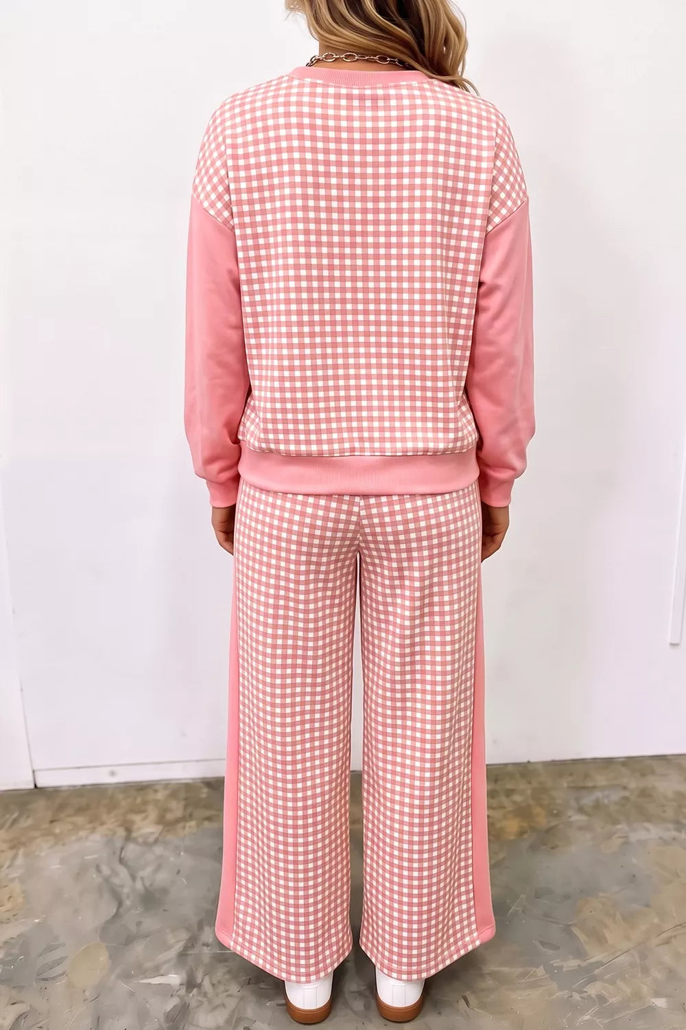 Burnt Coral Plaid-Patchwork Pullover & Wide-Leg Pants Set back view
