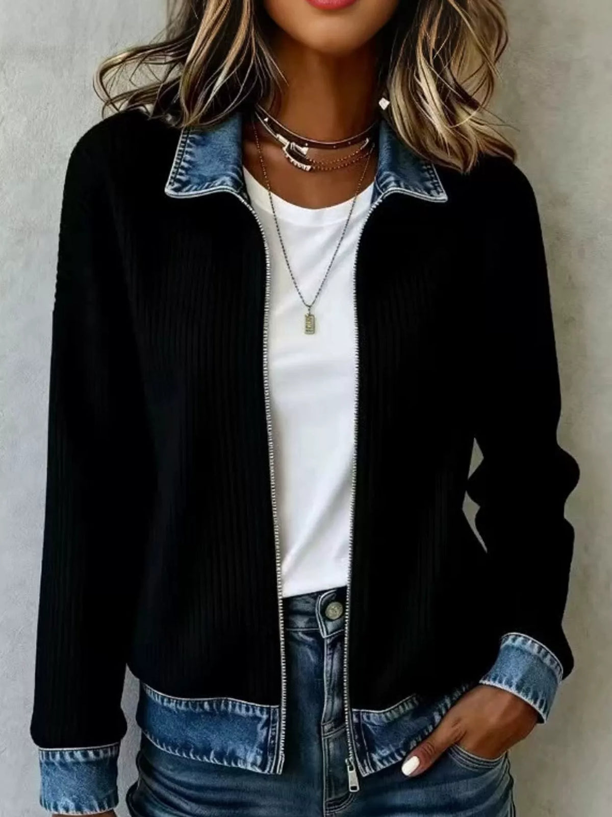 Black denim-collar ribbed knit zip-up jacket — front view