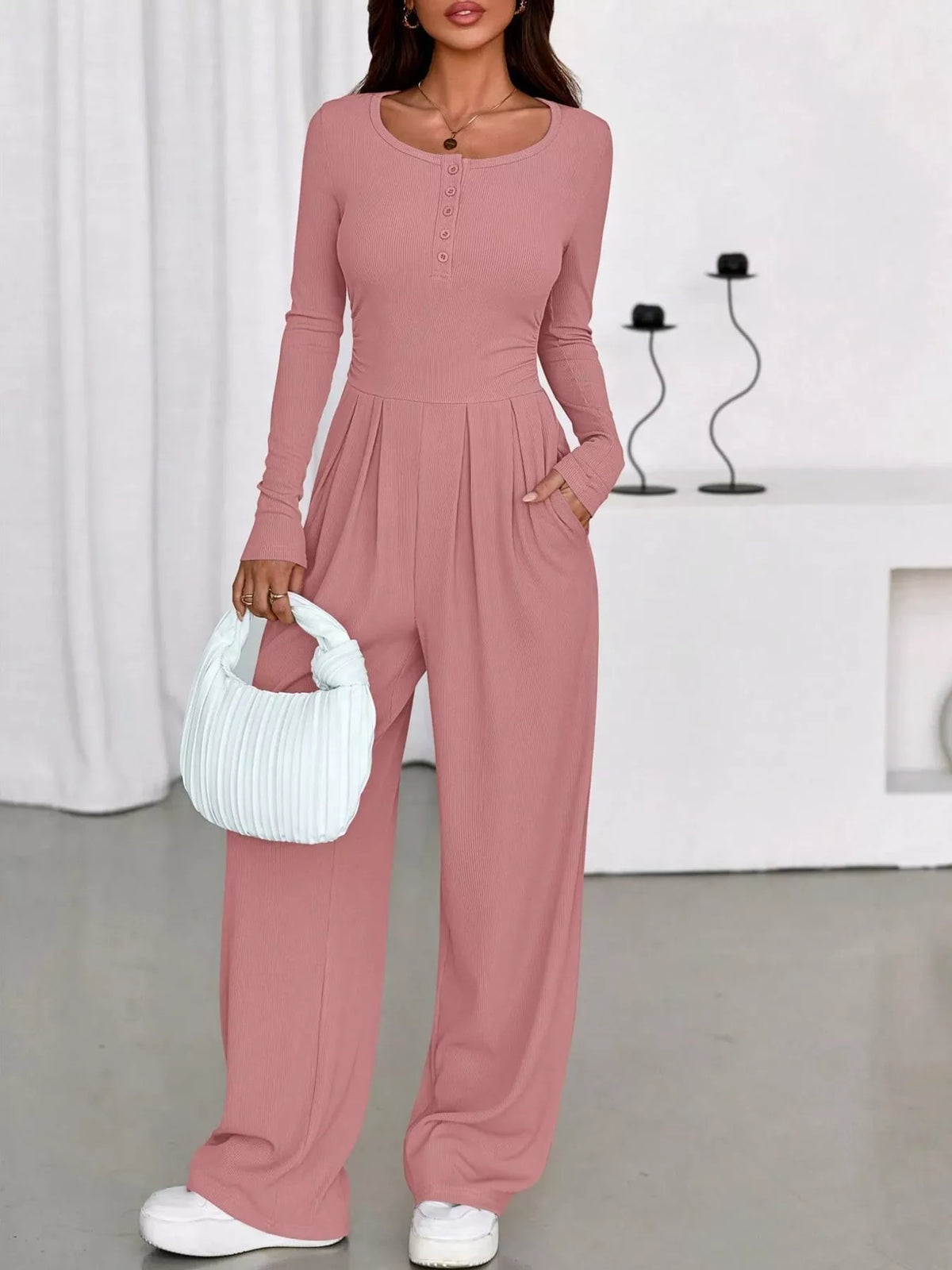 Long Sleeve Ribbed Knit Wide-Leg Jumpsuit — front view