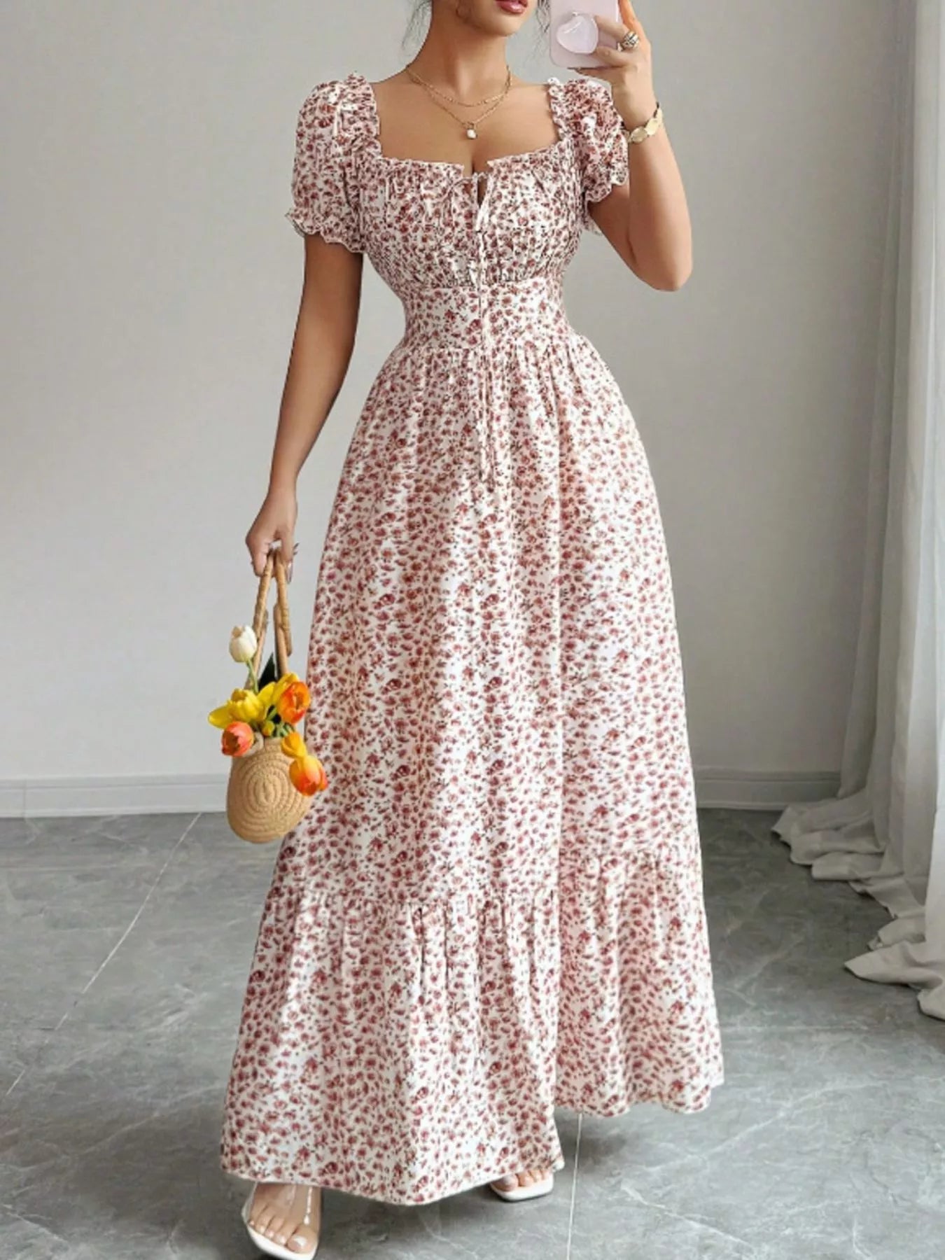 Trendsi Floral Print Puff Sleeve Maxi Dress -
