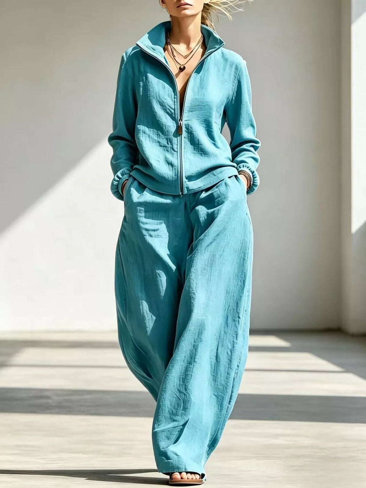 Jacket and pants set, turquoise set front