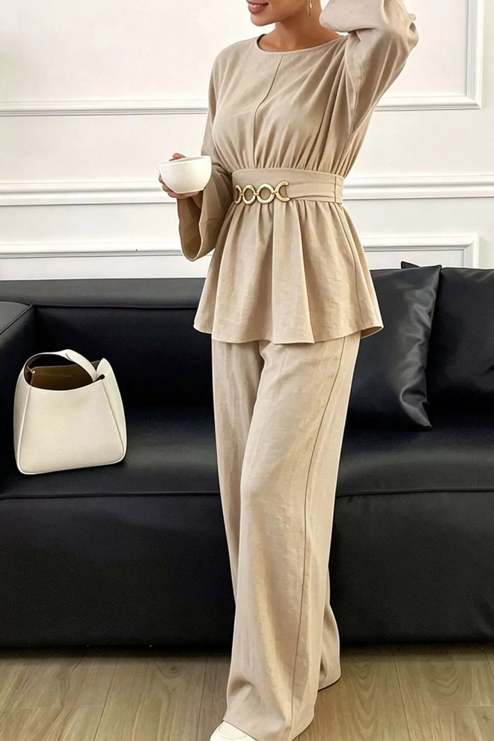 Beige chain-waist top and pants set