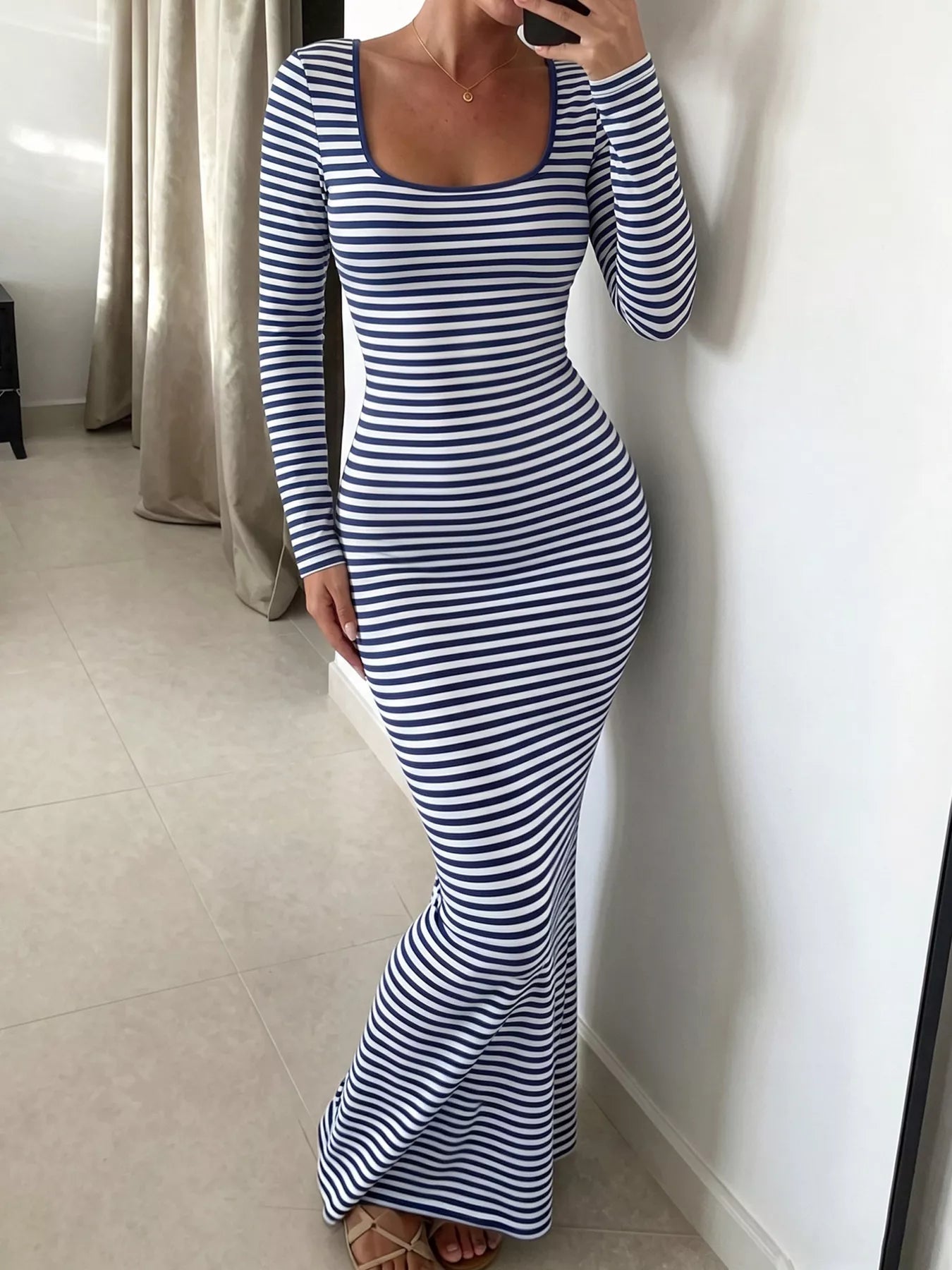 Trendsi Striped Long Sleeve Square Neck Maxi Dress -