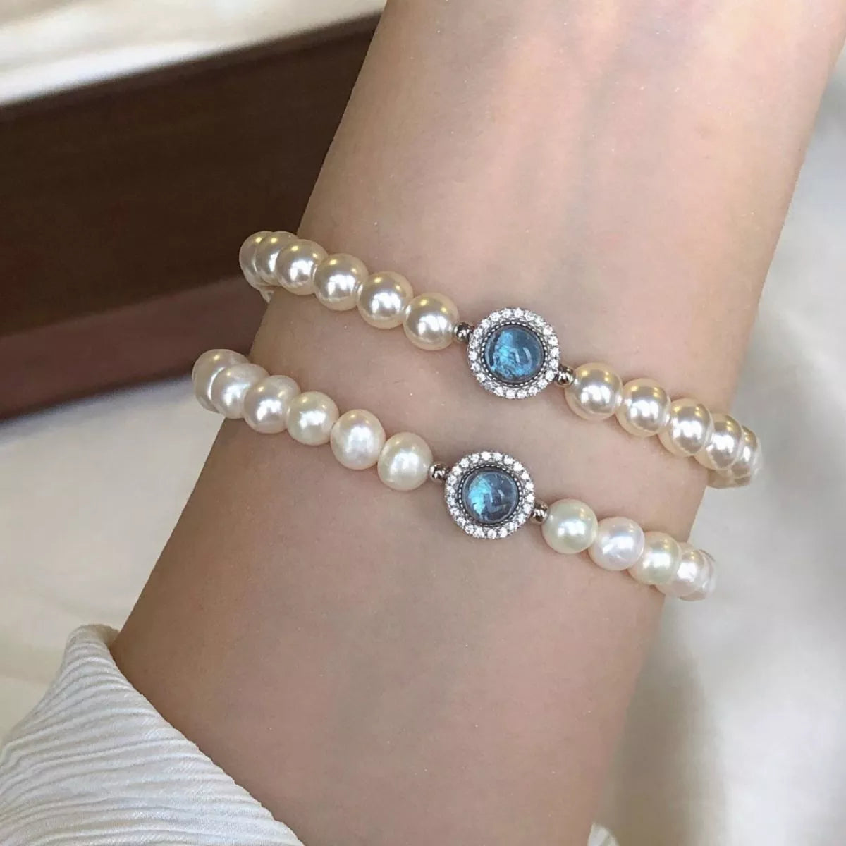 Trendsi 925 Sterling Silver Zircon Bead Pearl Bracelet -