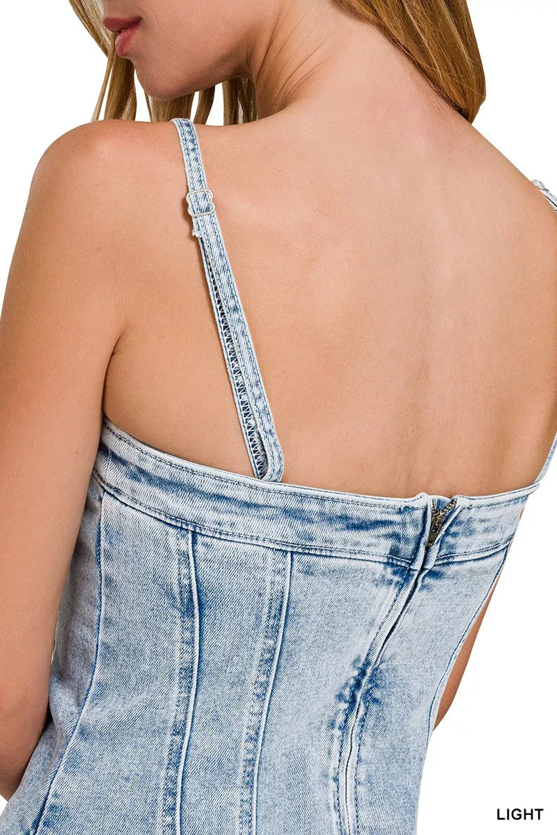 Women's Light-Wash Denim Spaghetti-Strap Dress With Exposed Seams — product view 10