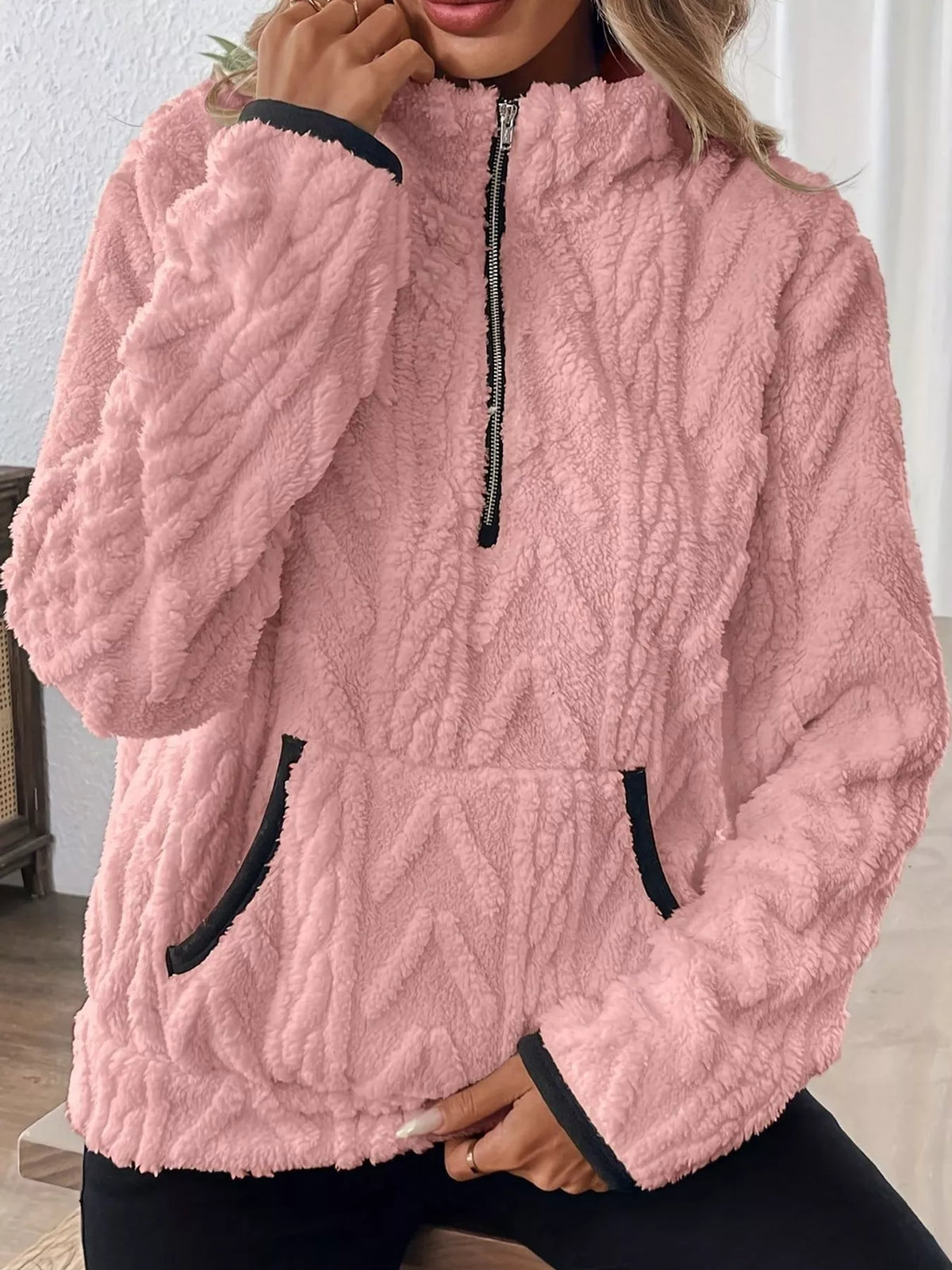 Women's Quarter-Zip Sherpa Sweatshirt in pink — front view