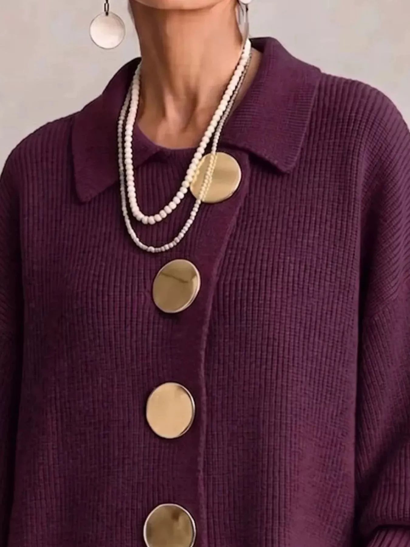 Trendsi Full Size Gold Buttons Lantern Sleeve Cardigan Plus Size -