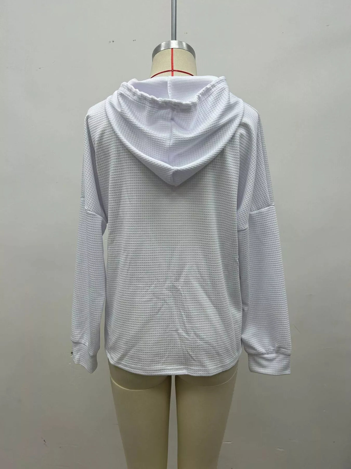 Women's Waffle Knit Drawstring Long Sleeve Hoodie in White, back view