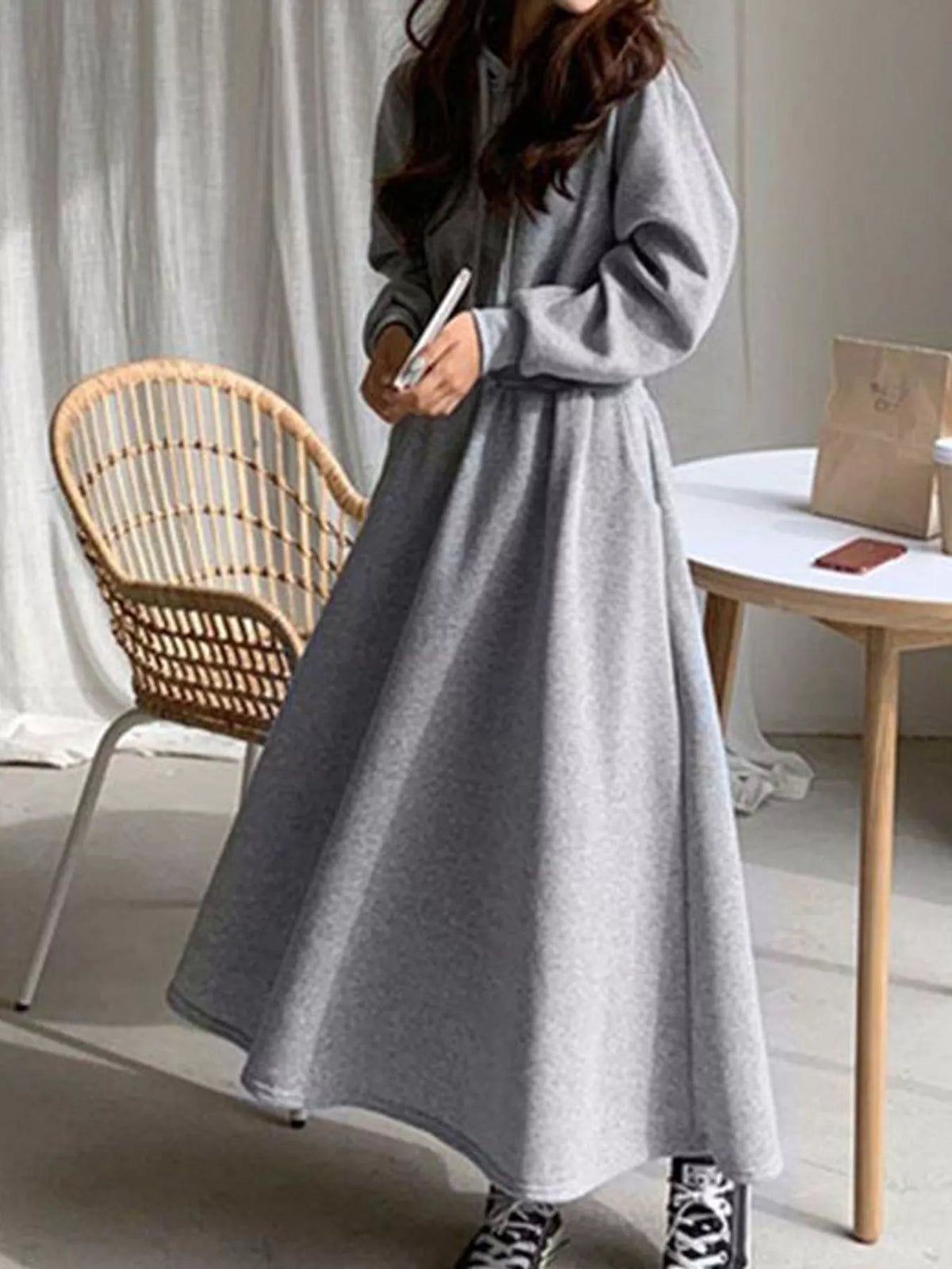 Hooded Long Sleeve A-Line Sweatshirt Dress in light gray