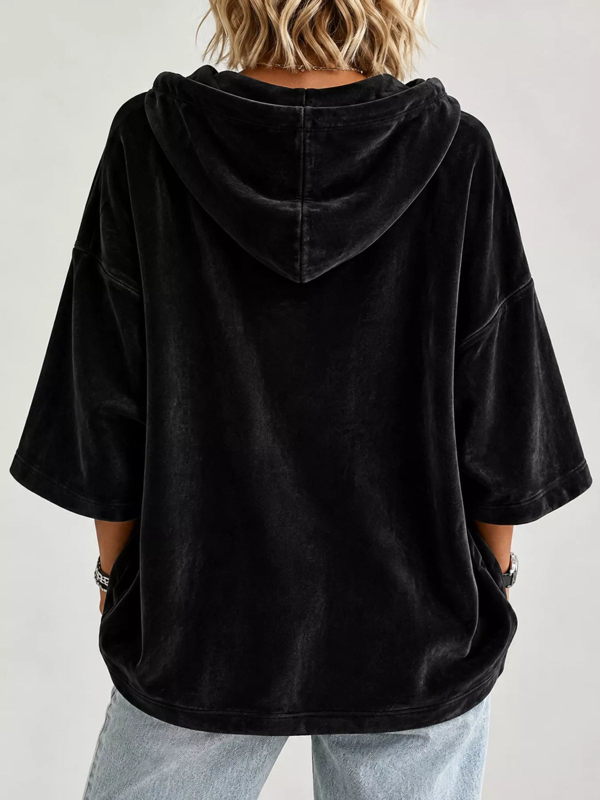 Black velvet half sleeve hoodie with drawstring, back view