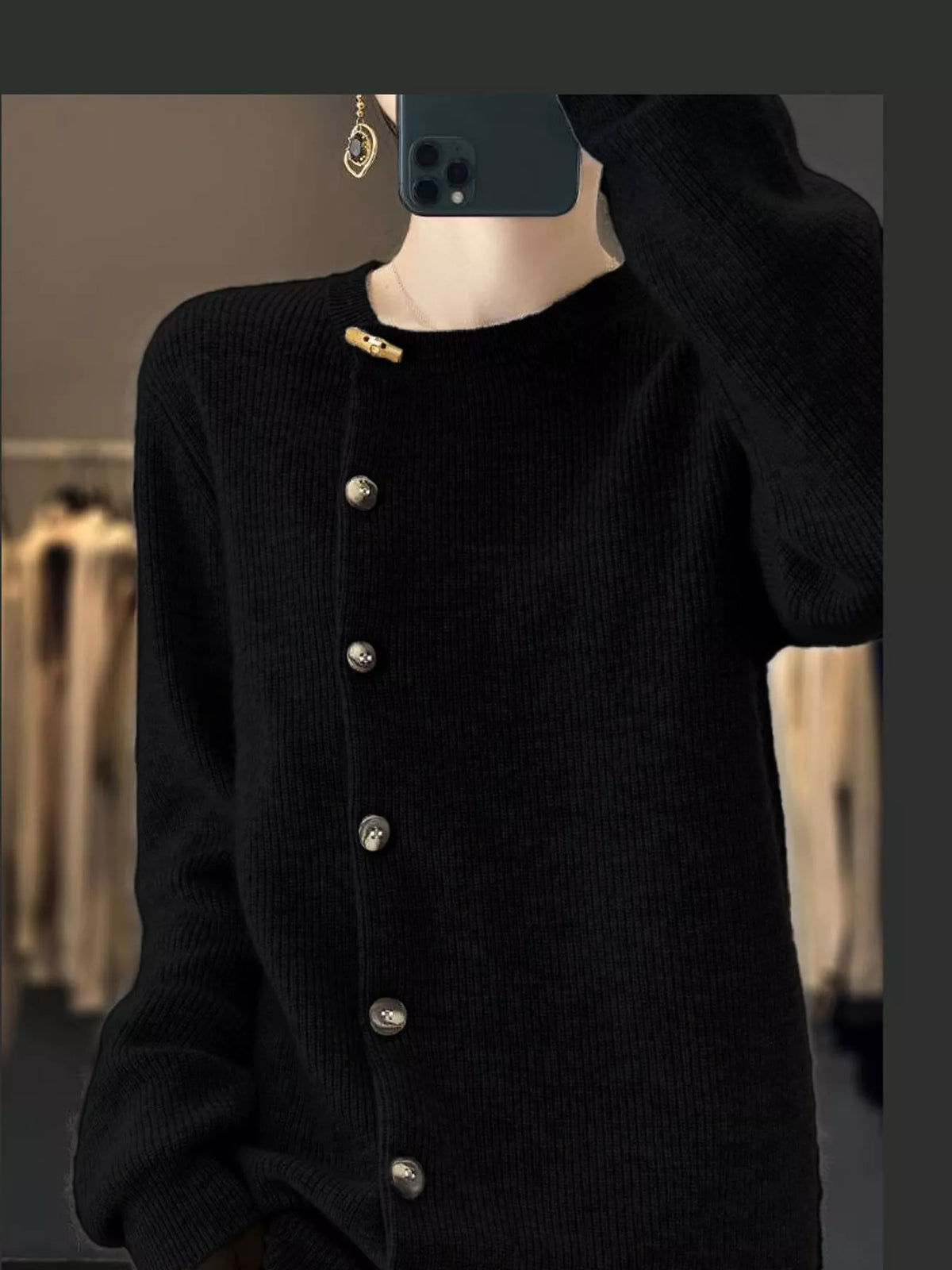Black ribbed knit asymmetrical button cardigan