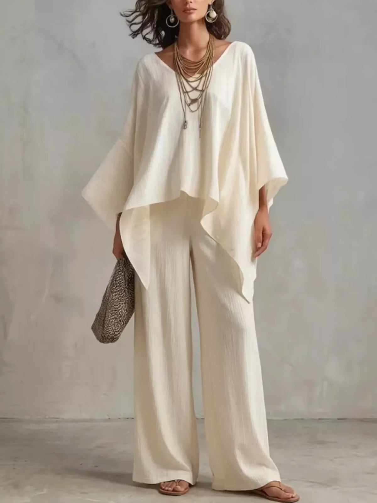 Loose-Fit V-Neck Top and Pants Set